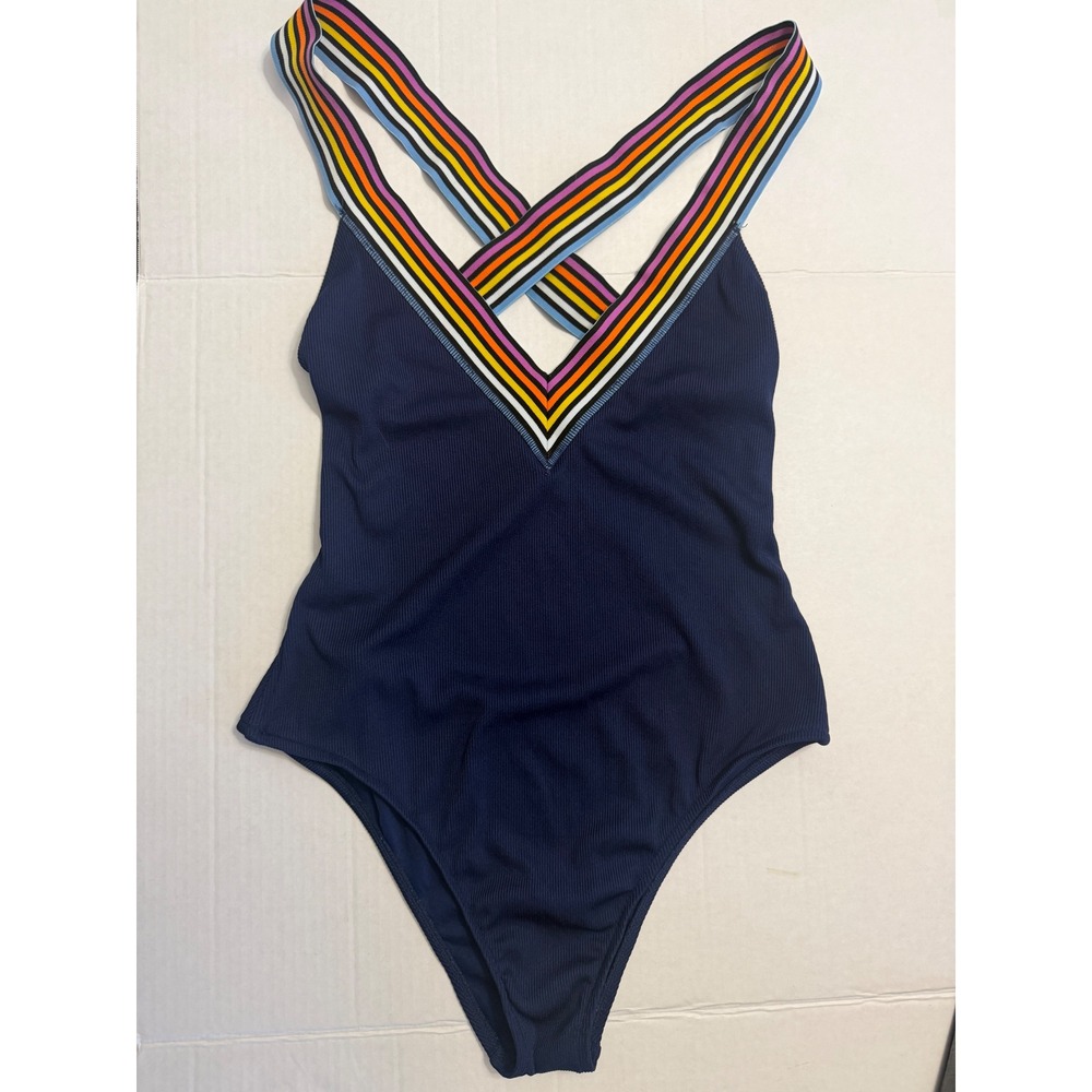 Rip Curl Navy Ribbed One Piece Swimsuit Rainbow Cross Back Straps V-Neck